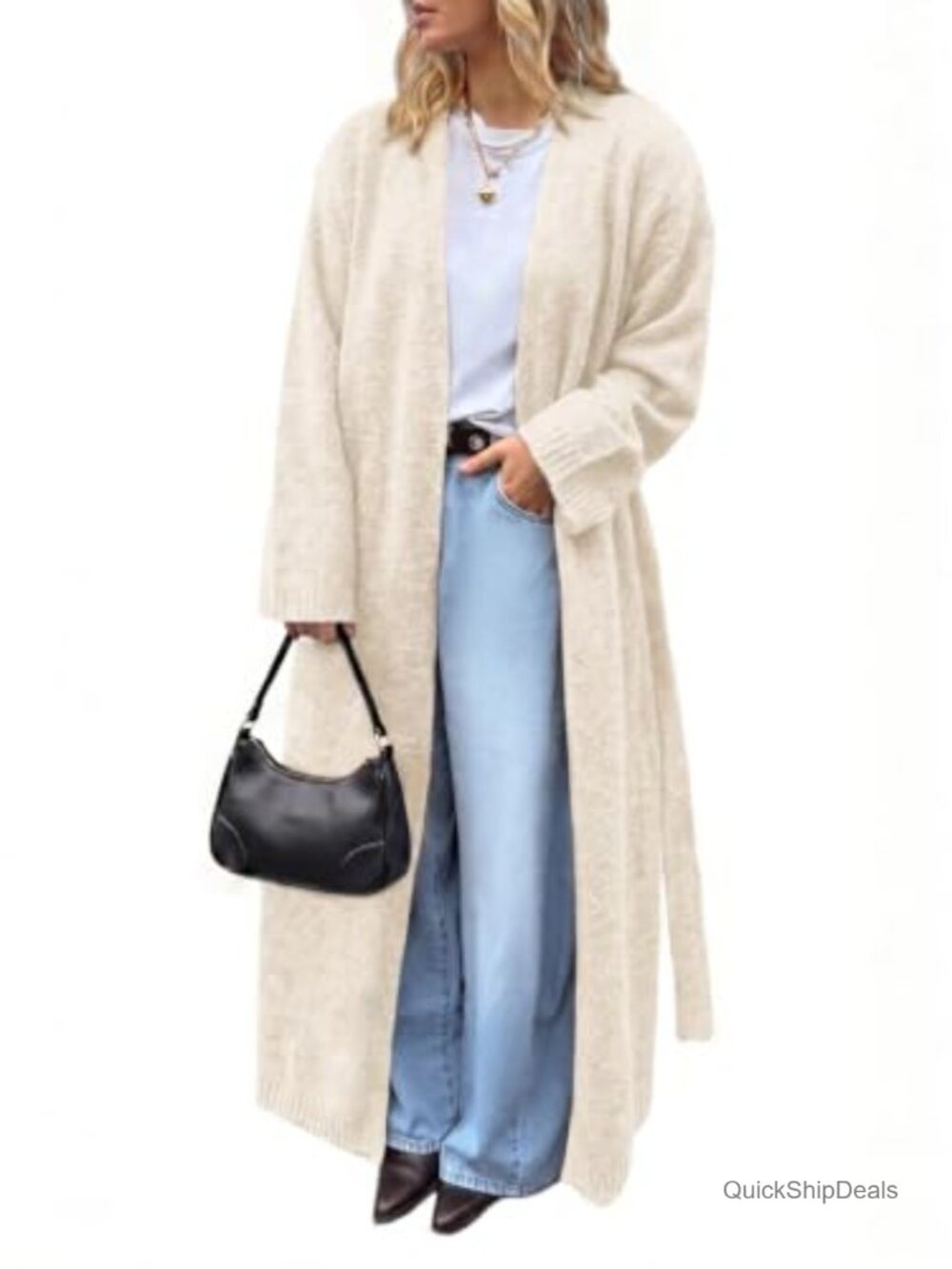 Oversized Long Cardigan Sweater Open Front Belted Knit Coat